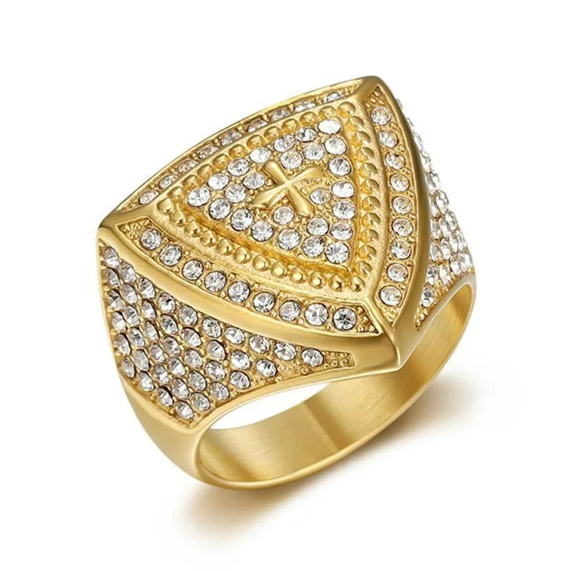 All Bling 5A Zircon Triangular Stainless Steel Rings for Men Cool Trendy Filled Titanium HIPHOP Finger Bands