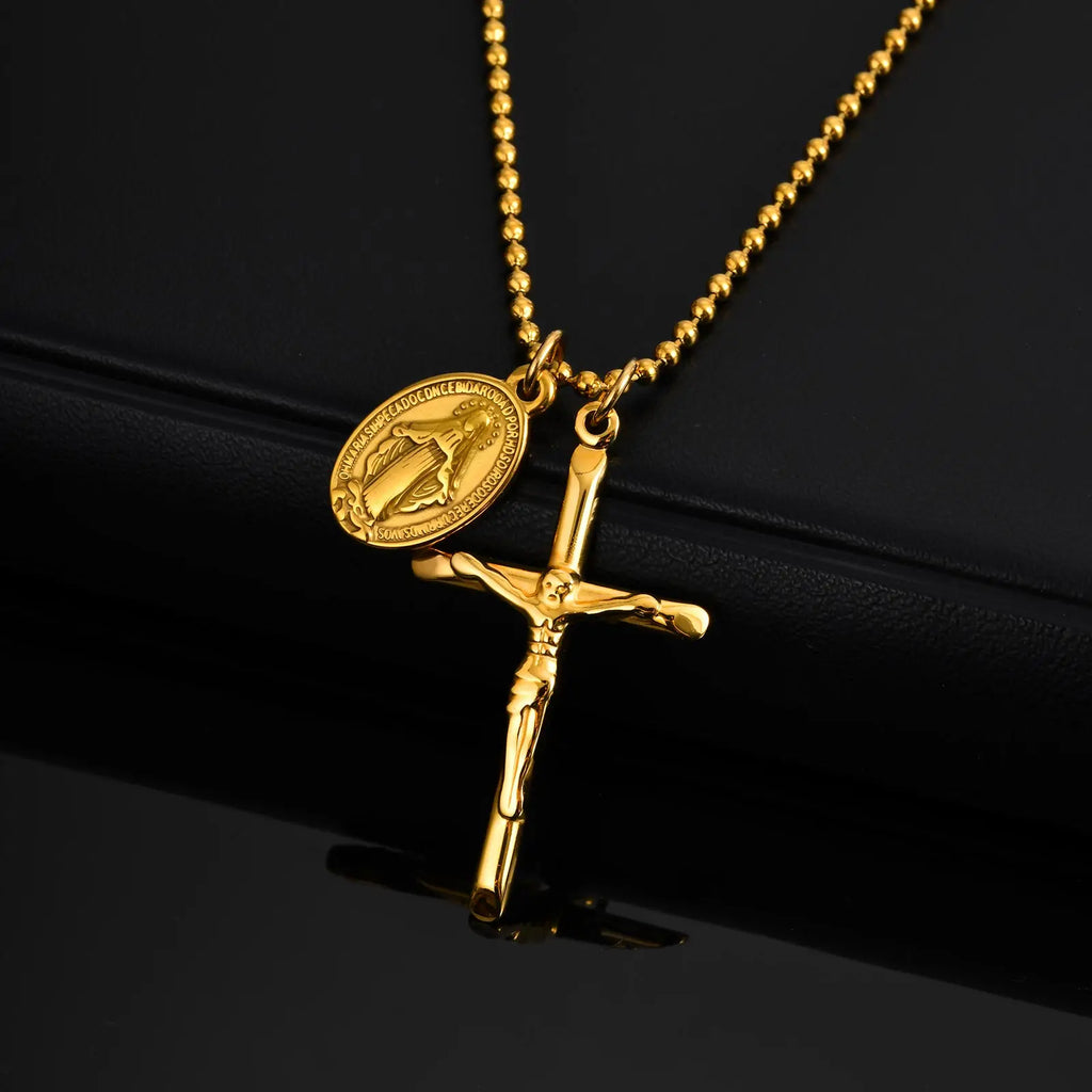 Virgin Mary Cross Pendant Necklace — Stainless Steel