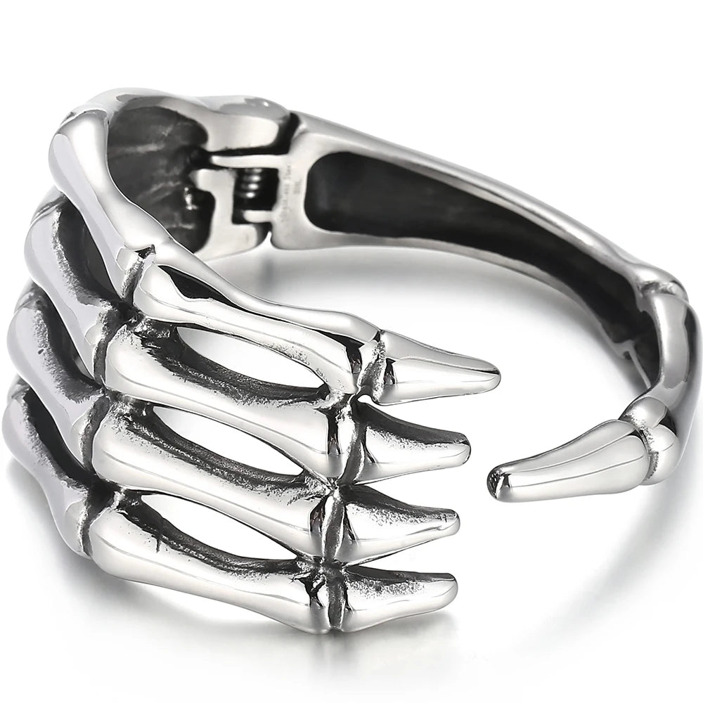 Gothic Stainless Steel Open Cuff Bangle Bracelet For Man Punk Skull Hand Shaped Men's Bracelets Rockers' Jewelry