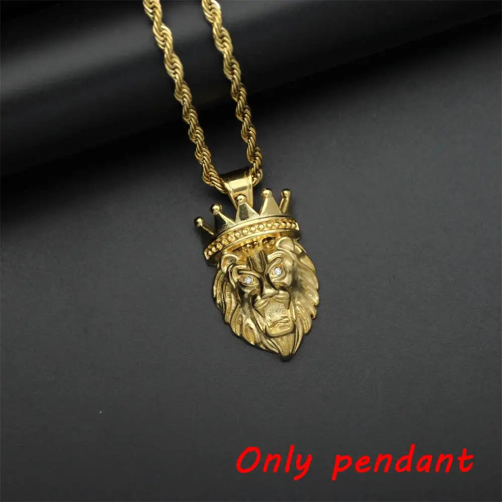hip hop Lion crown Pendant Necklace For Men Gold color 316L Stainless Steel Jewelry