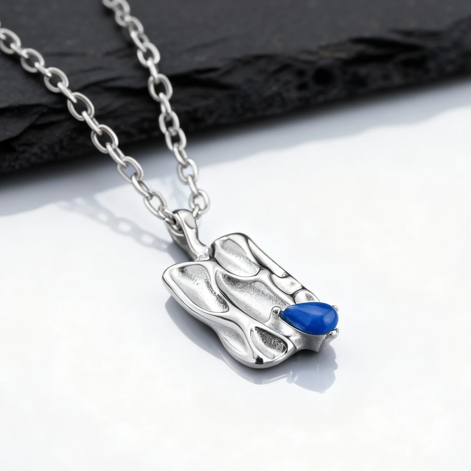 Blue Stone Square Pendant Necklace — Stainless Steel