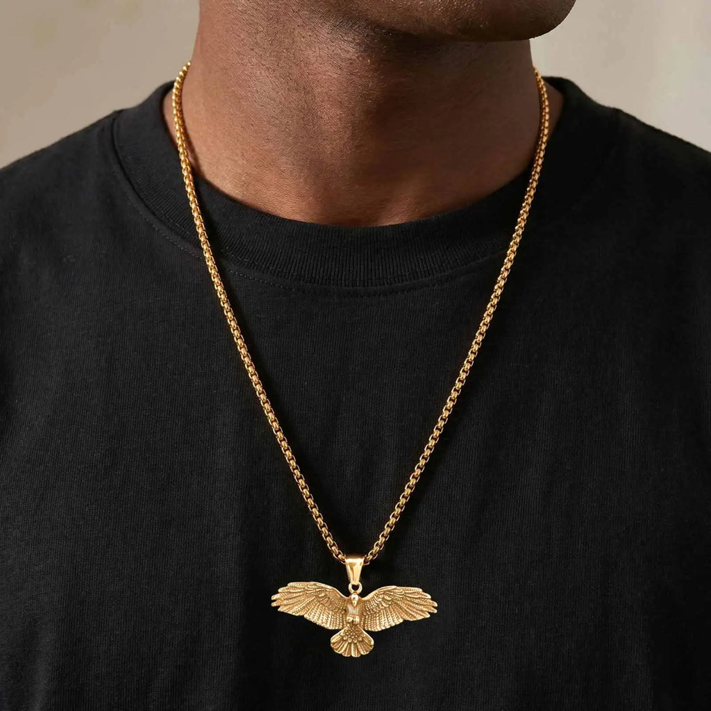 Vnox Men's Stainless Steel Eagle Pendant Necklace, Gold Silver Plated Hip Hop Box Chain, Punk Jewelry Gift for Dad Husband Son