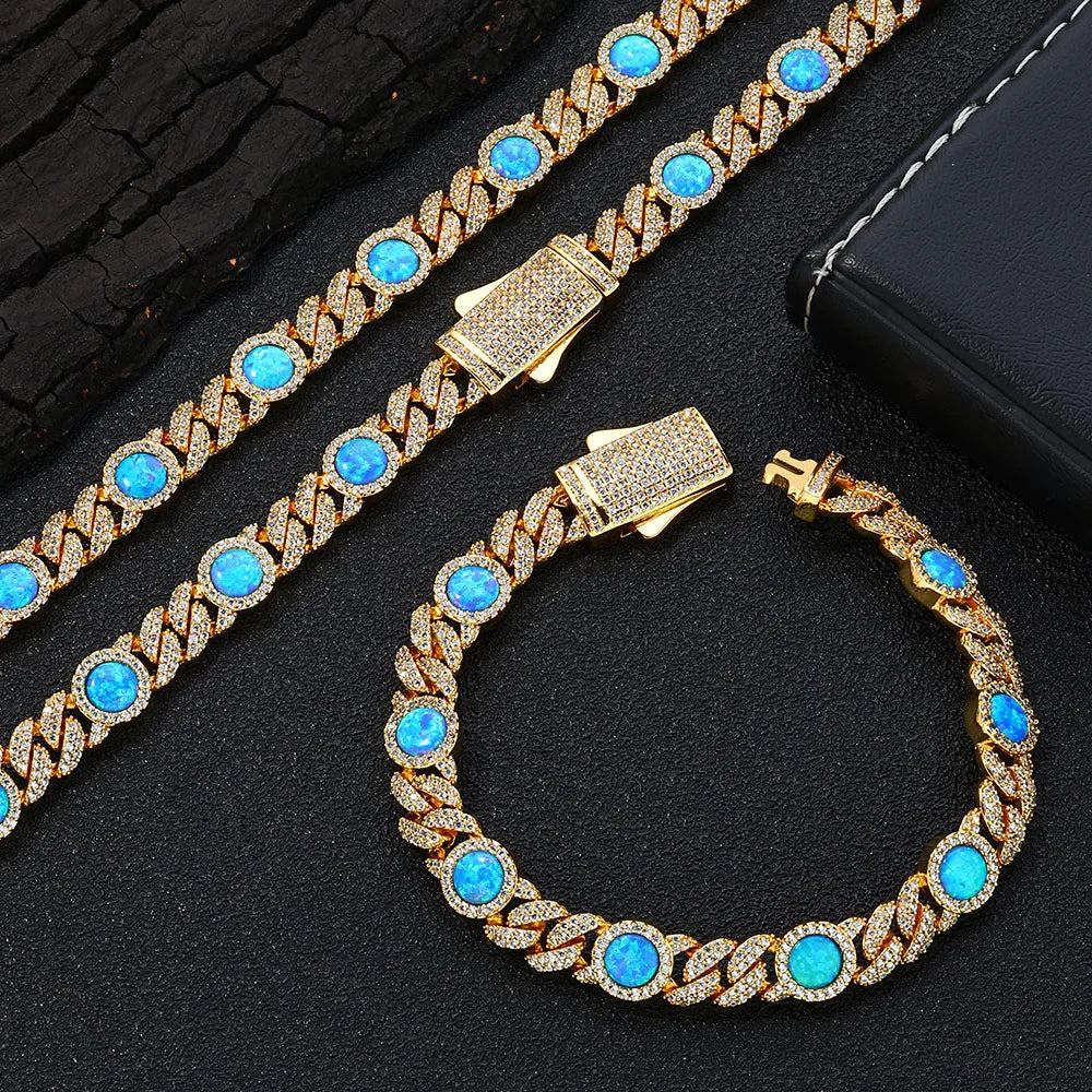 Gold Cuban Bracelet Iced Out Blue Opal 18K