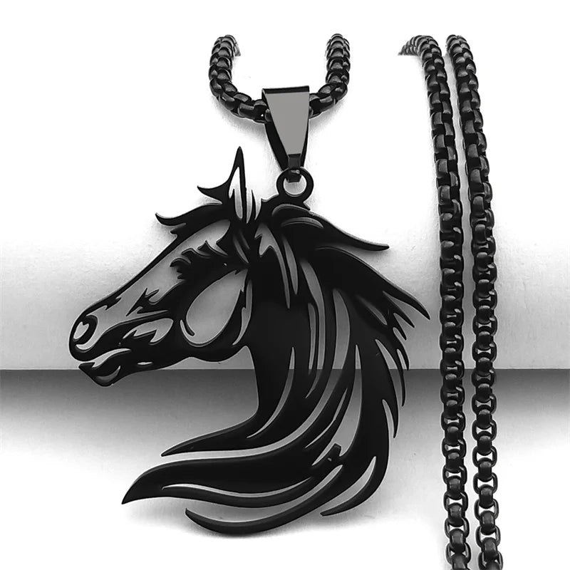 Black Horse Head Pendant Necklace — Stainless Steel