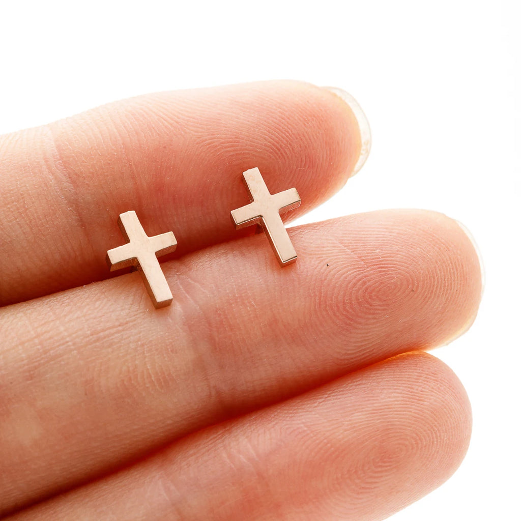 Small Gold Cross Stud Earrings Christian Amulet — Stainless Steel