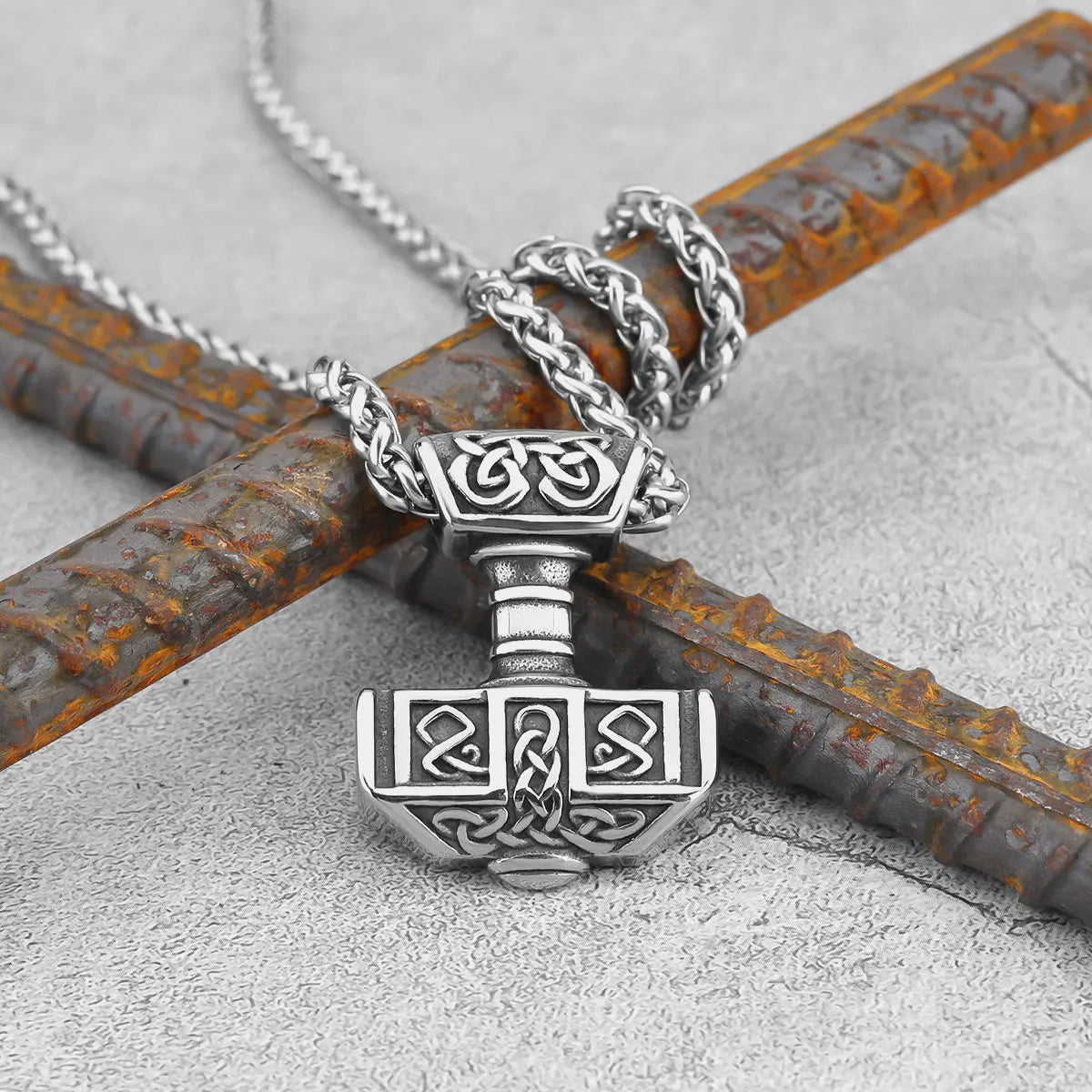 Stainless Steel Nordic Viking Thor's Hammer Pendant Vintage Odin Celts Knot Runic Amulet Necklace Gift for Boyfriend