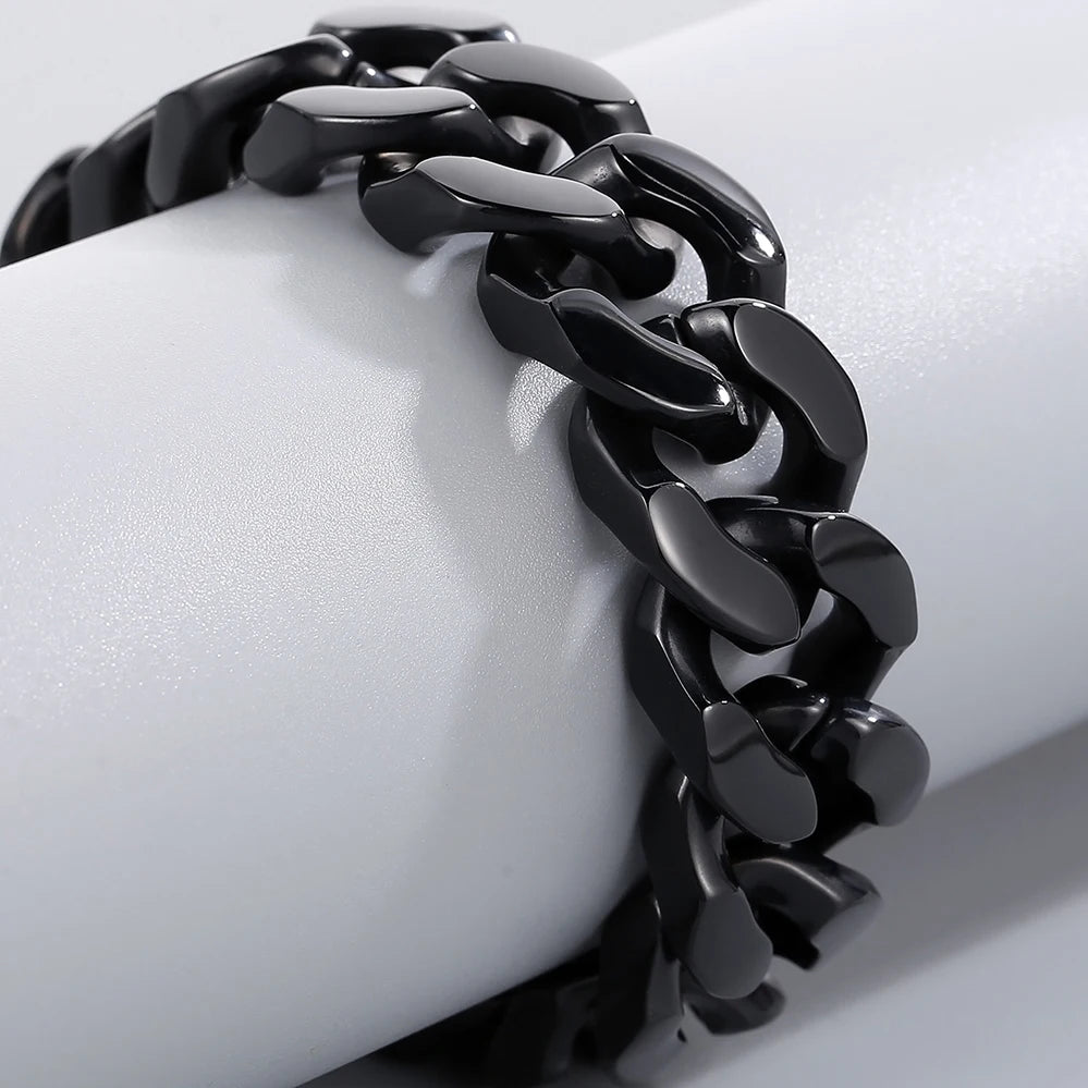 Massive Black Chunky Curb Cuban Chain Bracelet for Man Polished Stainless Steel Durable Jewelry Gifts for Men Trendy