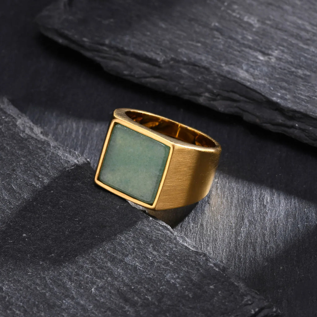 Gold Green Stone Signet Ring — Stainless Steel