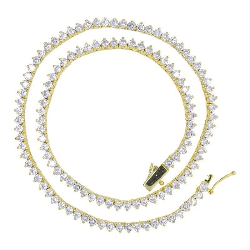 Iced Out Bling Zircon 3mm Tennis Chain Necklace 3 Prong Gold Silver Color CZ Charm Choker Women Man Hip Hop Fashion