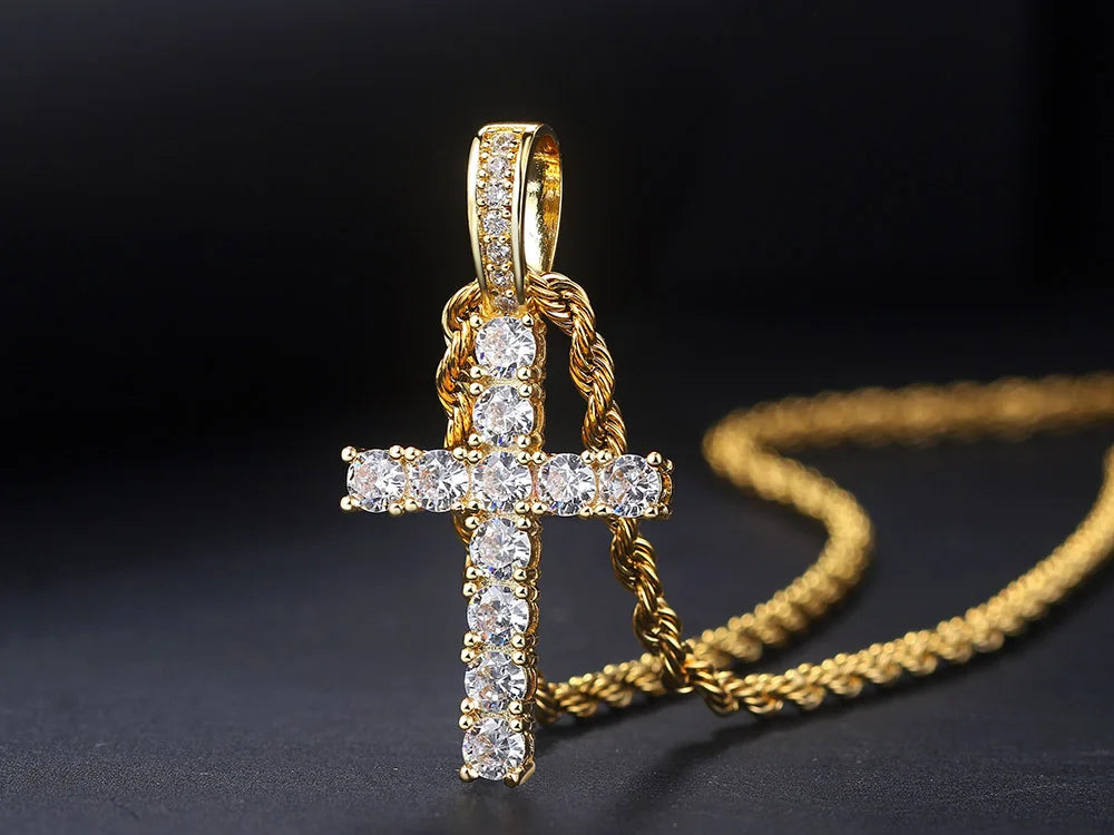 Gold Iced Out Cross Pendant Rope Cuban Chain