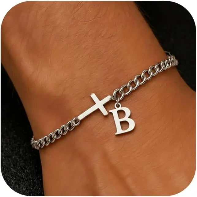 Men Cross Cuban Chain Bracelets for Men Initial A-Z Faith Cross Bracelets, Stainless Steel Initial Bracelet Religious Jewelry