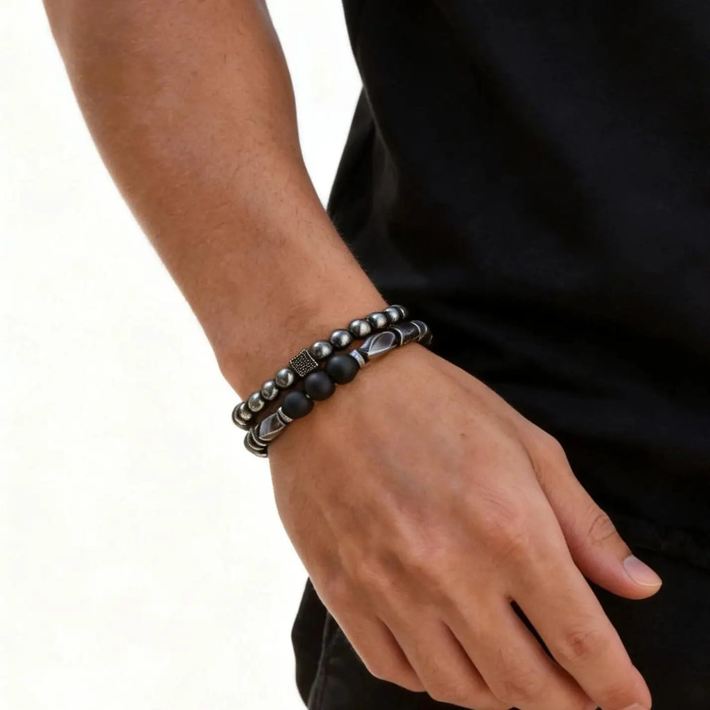2ps Fashion Bracelet Set for Men Natural Agate Hematite Beaded Chain Bangle Luxury High Quality Jewelry Gift