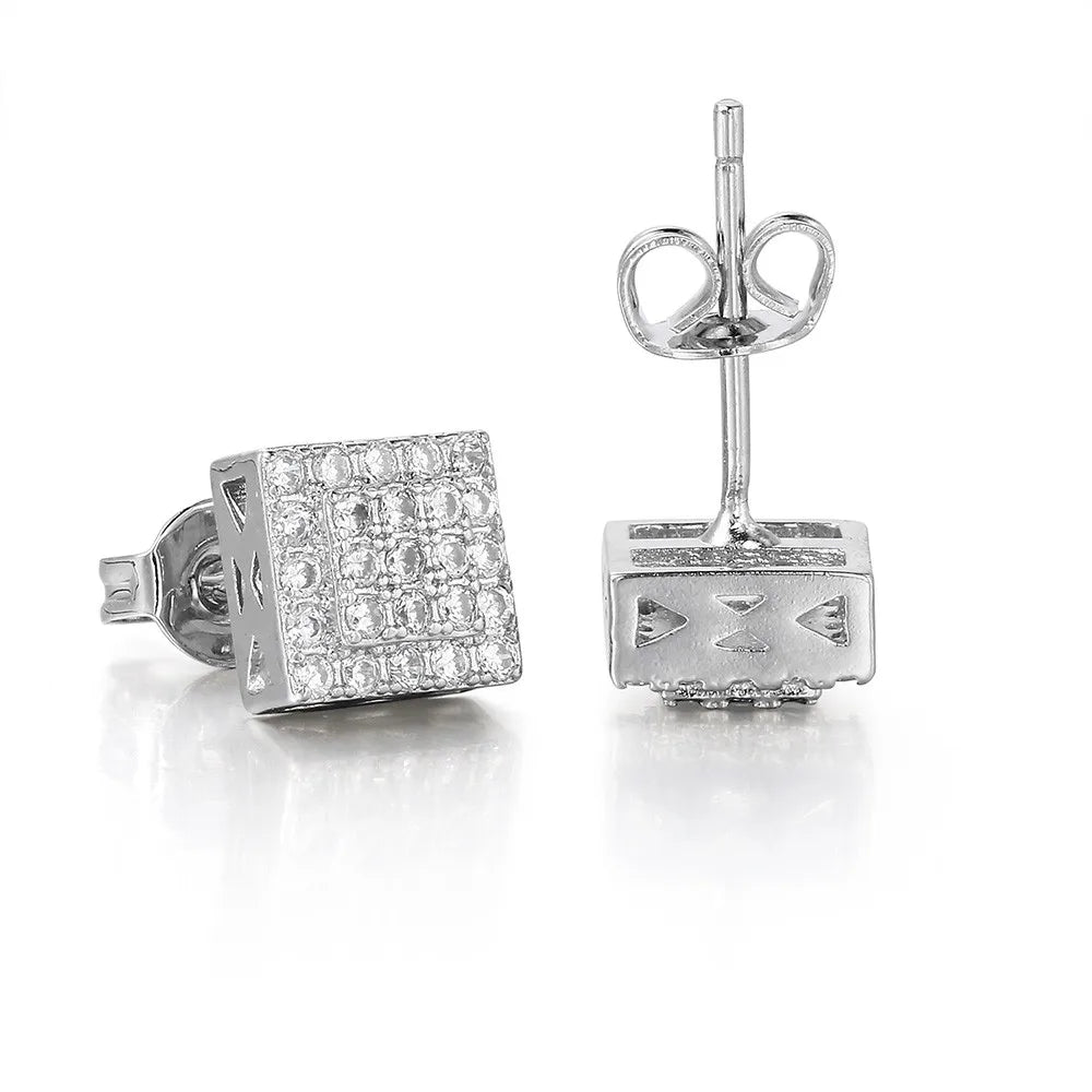 Silver Iced Out Square Stud Earrings CZ