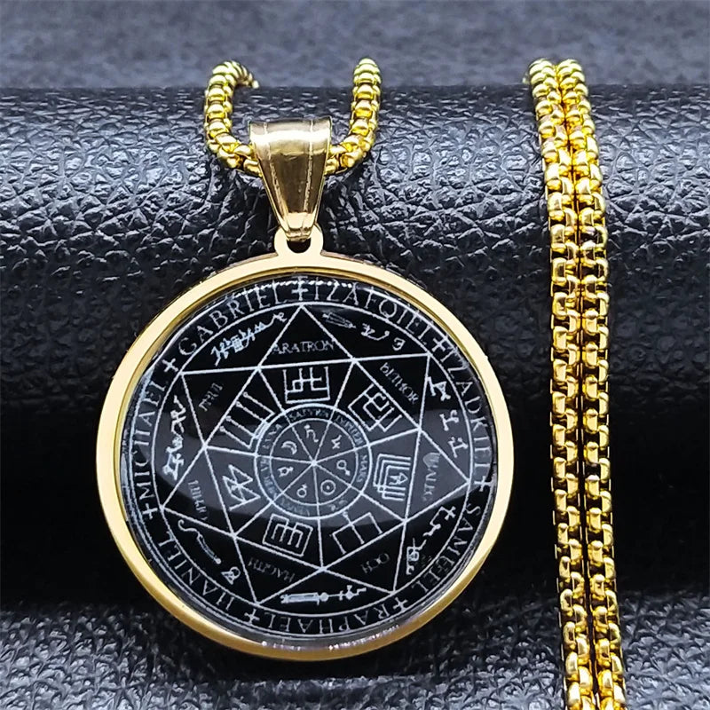 Seal of Seven Archangels Medal Stainless Steel Glass Necklace Seal of Solomon Talisman Necklace Protection Jewelry
