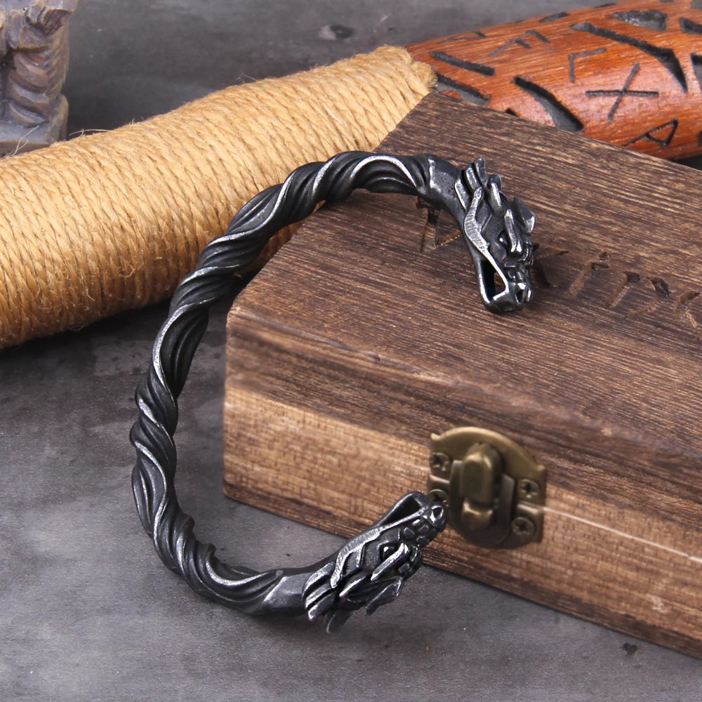 Gray Color Stainless Steel Nordic Viking Norse Dragon Bracelet Men Wristband Cuff Bracelets with Viking Wooden Box