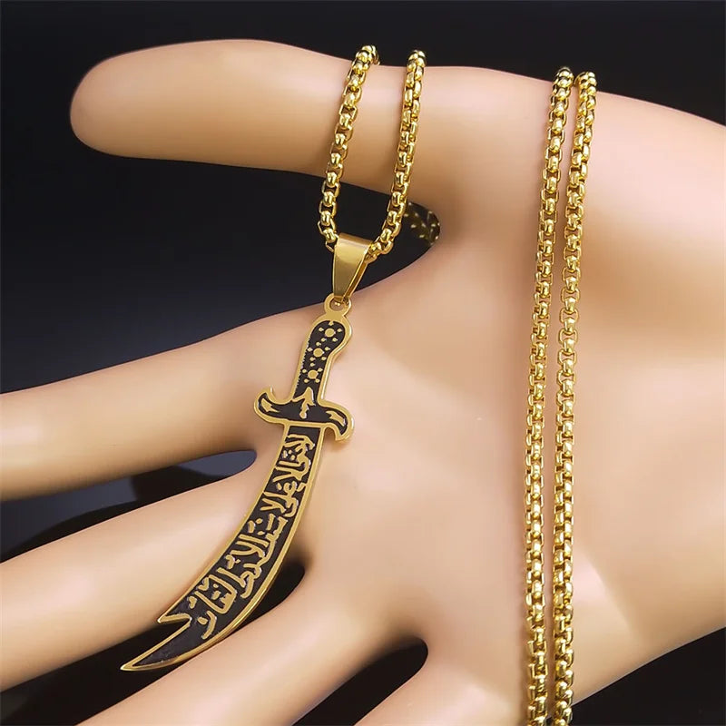Arabic Ali Sword Knife Necklaces for Men Stainless Steel Gold Color Muslim Islamic Imam Ali Zulfiqar Pendant Necklace Jewelry