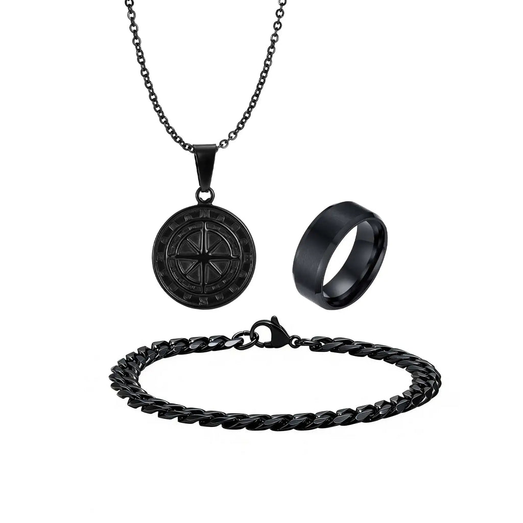 3pcs Classic Compass Necklace Set Gift for Men,Silver Gold Color Stainless Steel Bracelet Ring,Simple Jewelry Set