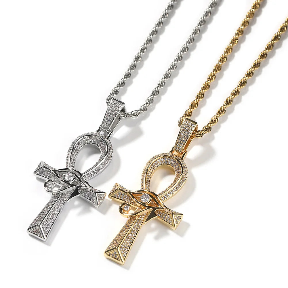 Shining Iced Out Ancient Egyptian God Eye of Horus Cross Pendant Necklace for Men and Women Hip Hop Trendy Amulet