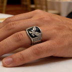 Black Enamel Eagle Signet Ring Closed Band — Stainless Steel