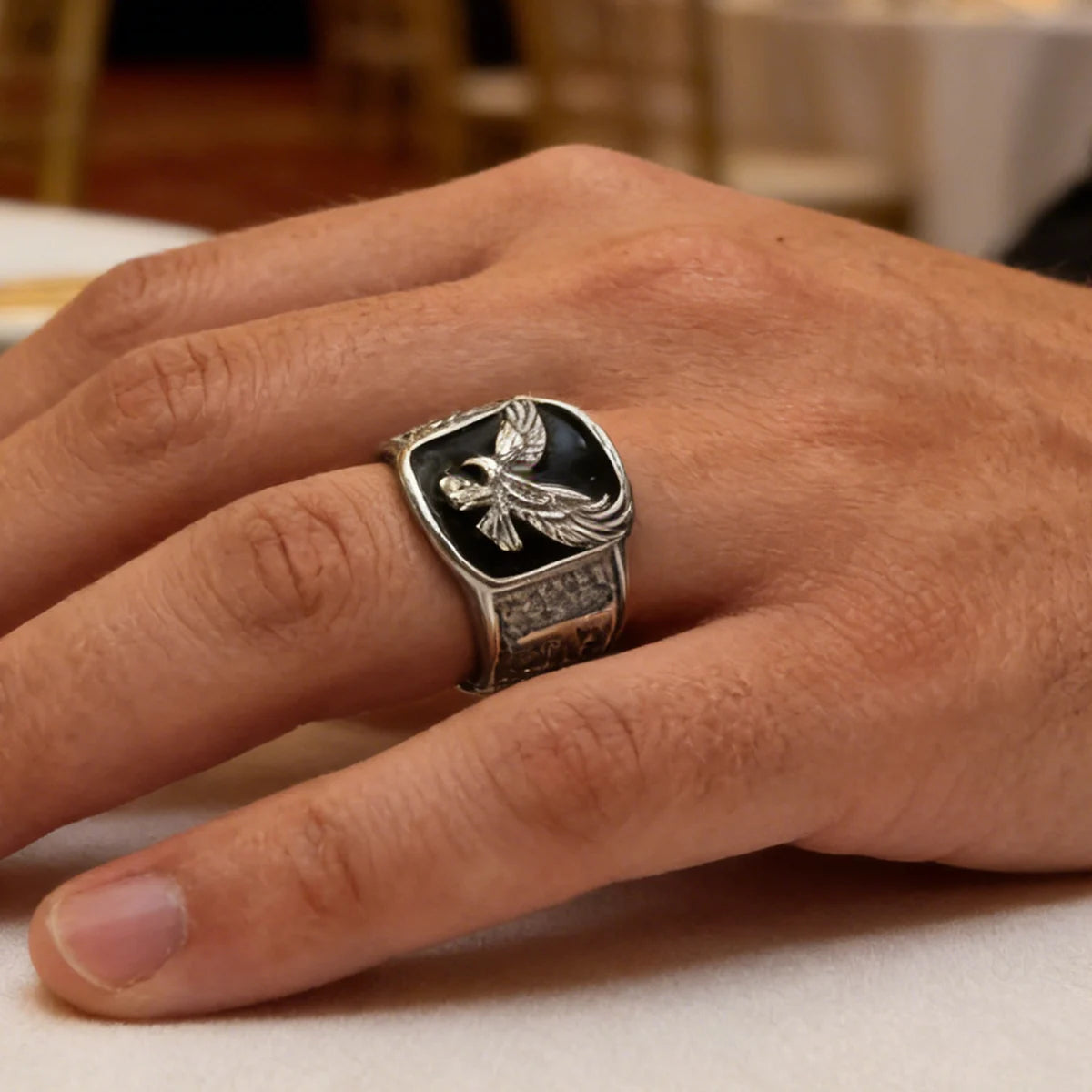 Black Enamel Eagle Signet Ring Closed Band — Stainless Steel