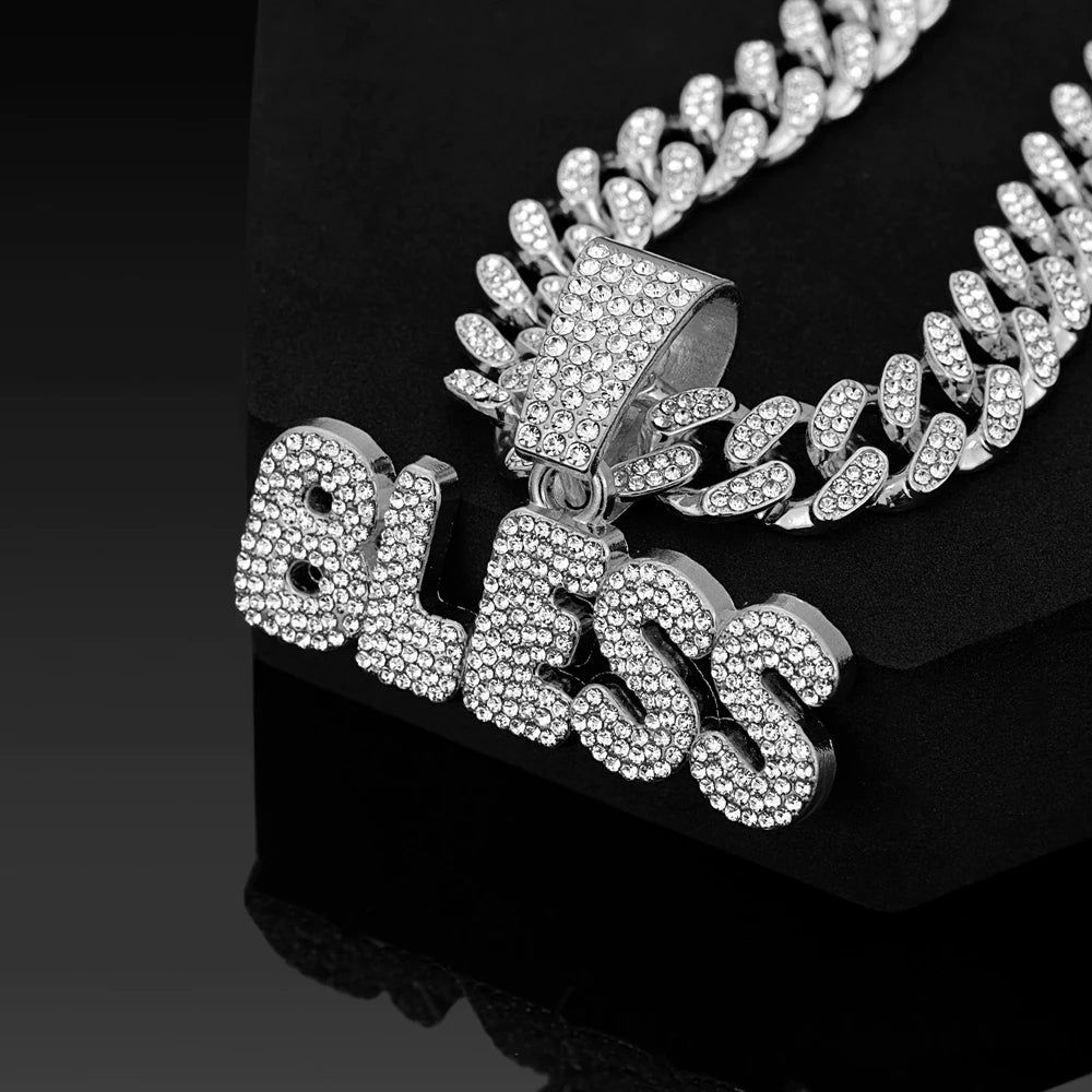 Iced Out BLESS Letter Pendant Necklace — 13mm Cuban Chain