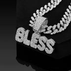 Iced Out BLESS Letter Pendant Necklace — 13mm Cuban Chain