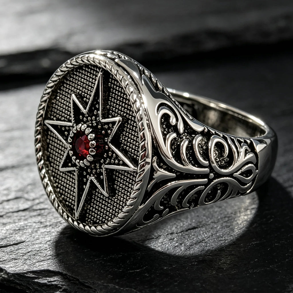 Vintage North Star Signet Ring, Retro Carved Band with Inlaid Red Zircon, Punk Amulet Jewelry, Gothic Statement