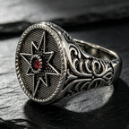 Vintage North Star Signet Ring, Retro Carved Band with Inlaid Red Zircon, Punk Amulet Jewelry, Gothic Statement