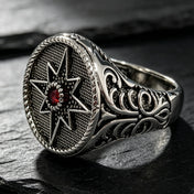 Vintage North Star Signet Ring, Retro Carved Band with Inlaid Red Zircon, Punk Amulet Jewelry, Gothic Statement