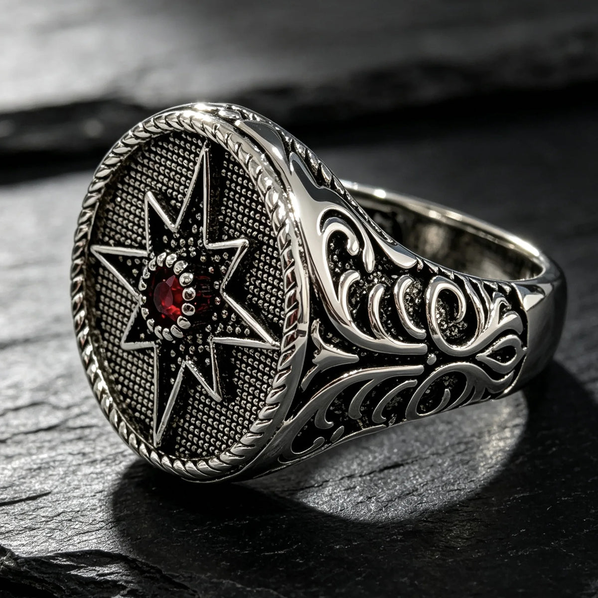 Vintage North Star Signet Ring, Retro Carved Band with Inlaid Red Zircon, Punk Amulet Jewelry, Gothic Statement