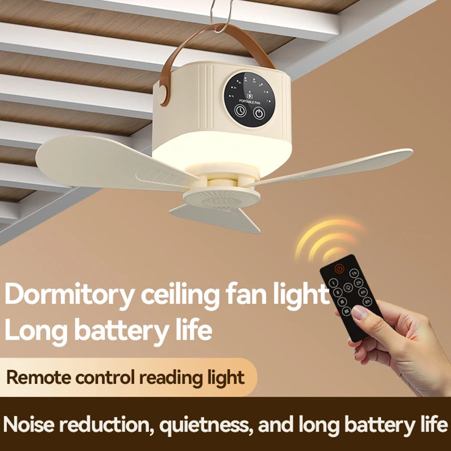 Portable Ceiling Fan, 4 Speeds, LED Display, 3-Level Night Light, 1-8H Timer, 3600mAh, Remote Control, Quiet USB Fan