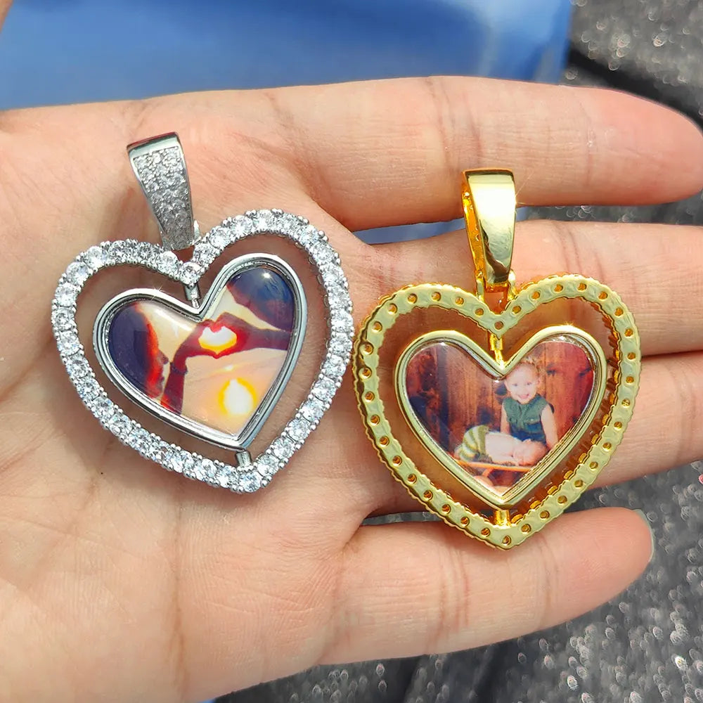 Iced Out Heart Photo Pendant Necklace