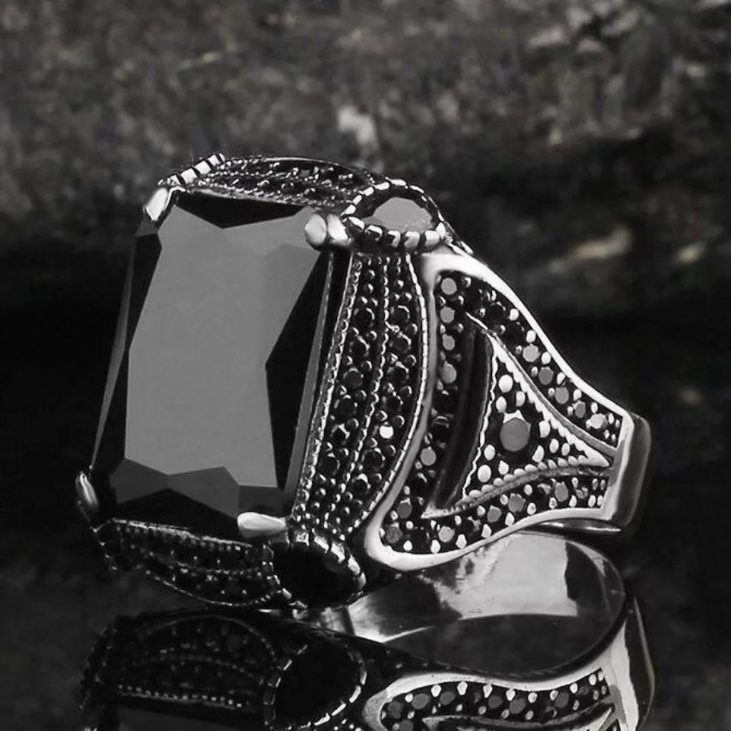 Vintage Black Stone Four-Prong Ring for Men — Two-Tone