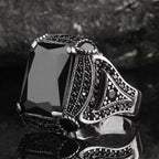 Vintage Black Stone Four-Prong Ring for Men — Two-Tone