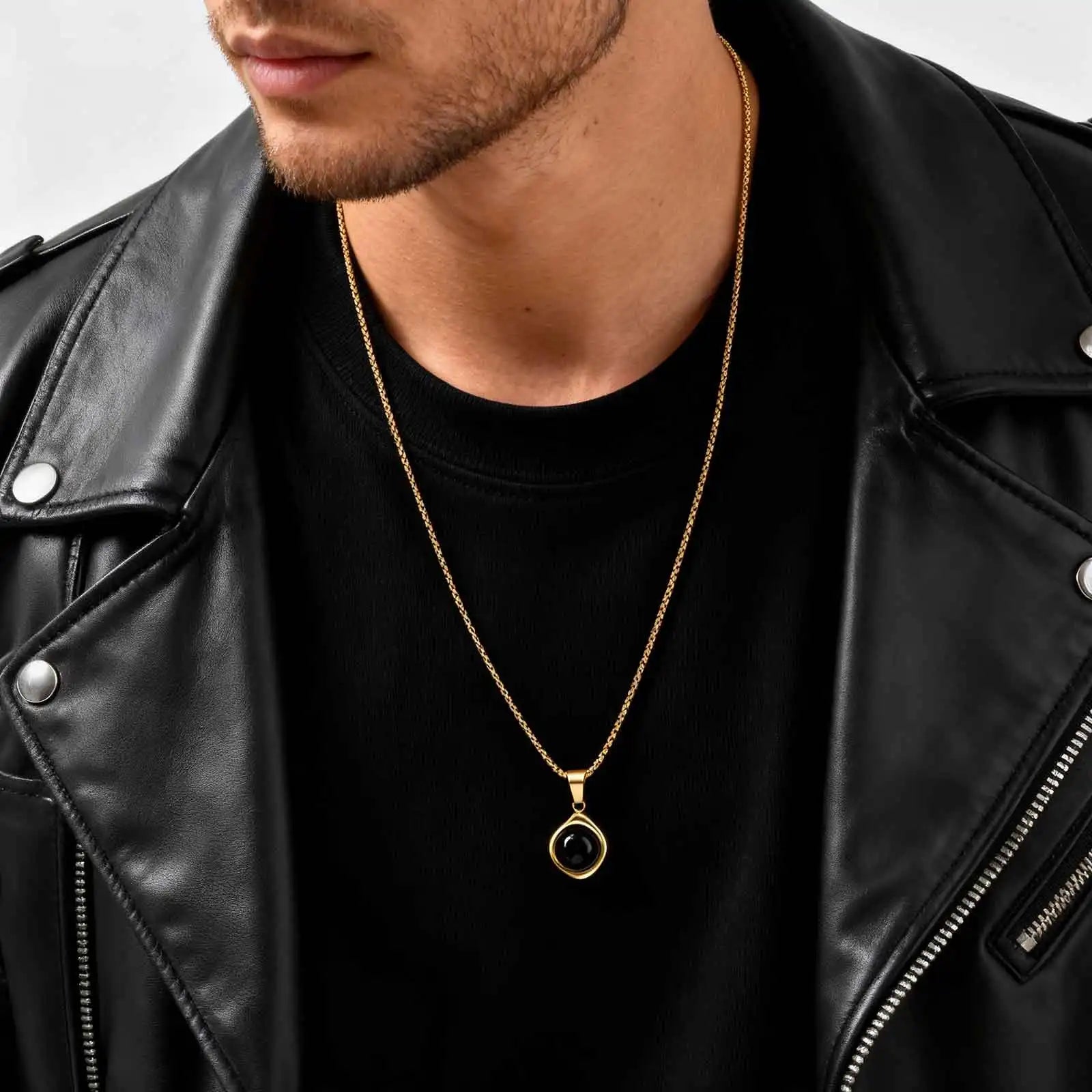 Classic Fashion Round Natural Agate Tiger Eye Stone Necklace for Men, Stainless Steel Irregular Pendant Necklace, Punk Jewelry