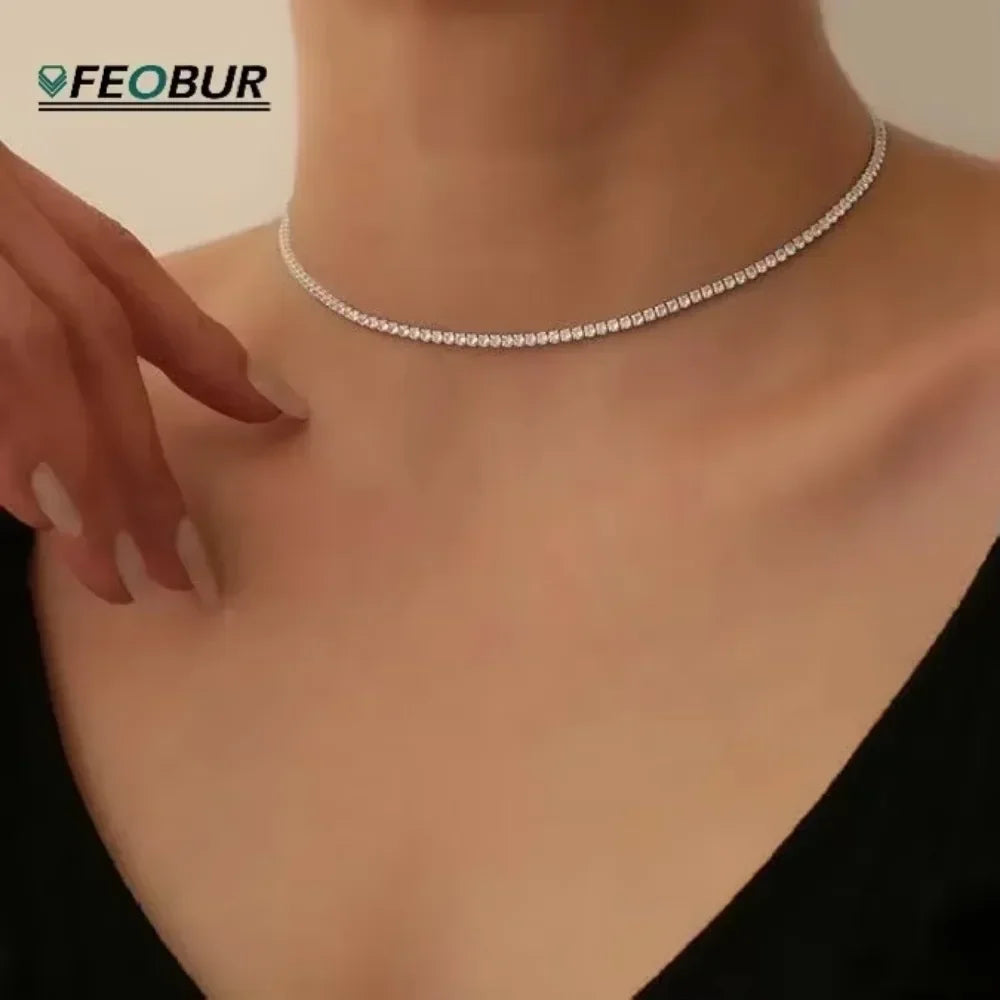 FEOBUR 2mm Moissanite Tennis Necklaces for Women S925 Silver Plated 18K Gold Adjustable Choker Full Diamond Neck Chain