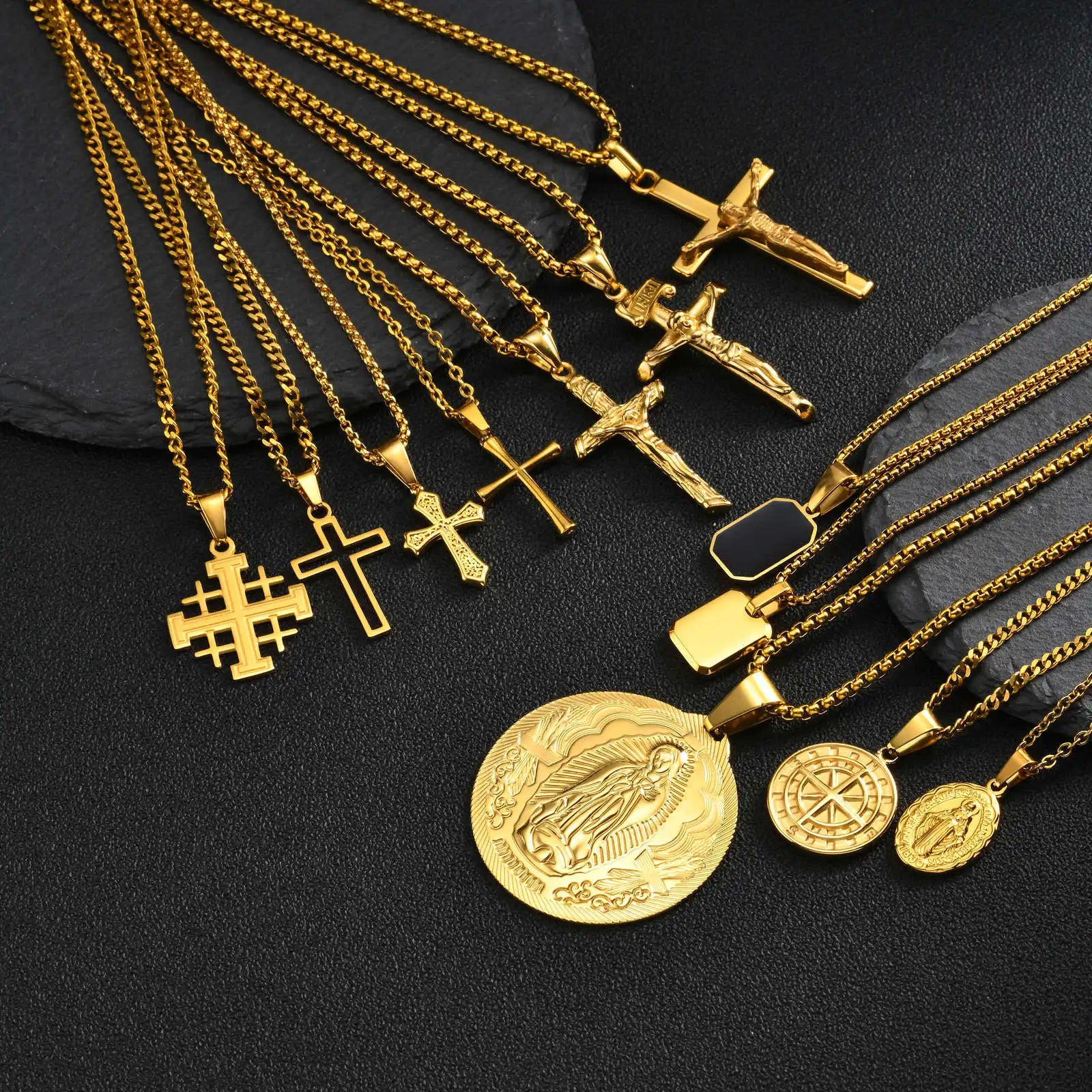 Men's Stylish Gold Color Necklace, Stainless Steel Geometric Cross Pendant Necklace, Vintage Fashion Jewelry Gift to