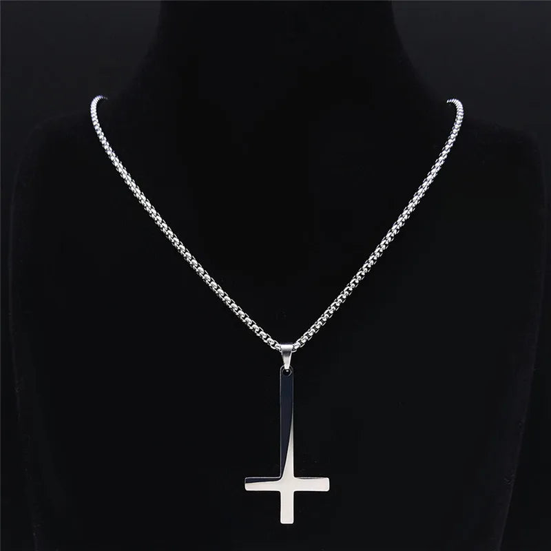 Witchcraft Pagan Stainless Steel Upside Down Cross Necklace Women/Men Inverted Cross Necklace Jewelry collier N8373S02