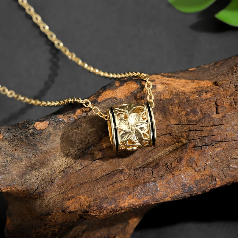 Huitan Hollow Carved Flower Barrel Pendant Necklace for Women Black Enamel Edge Cylinder Bead Vintage Floral Female