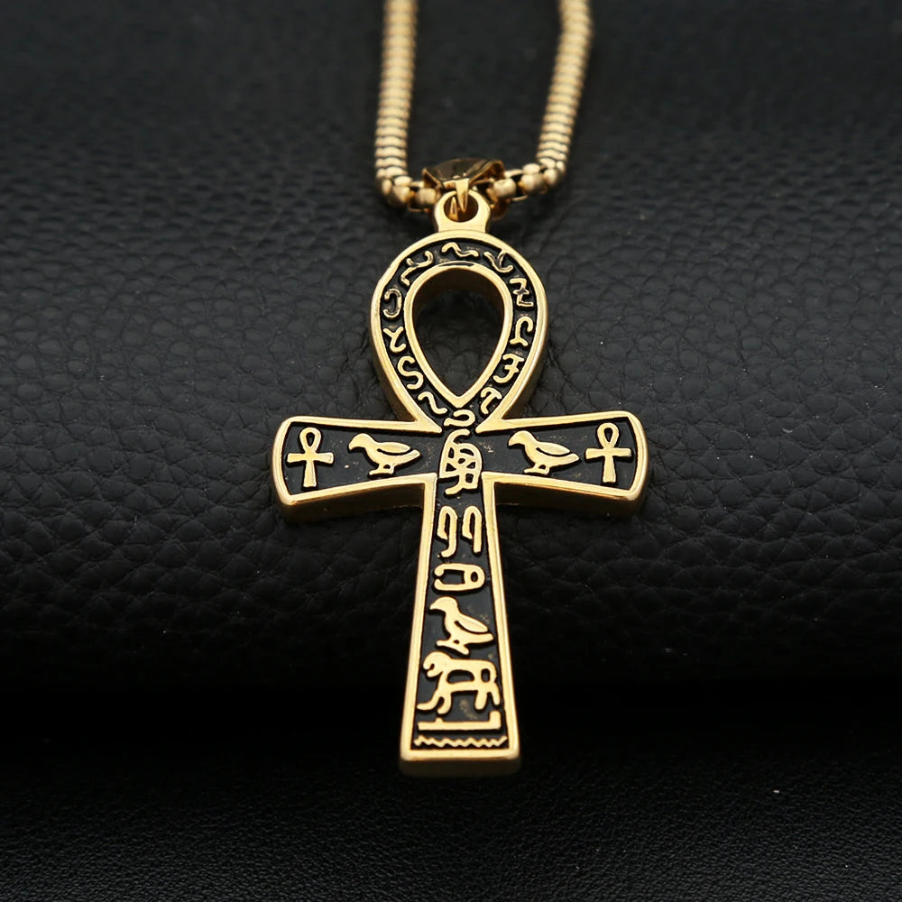 Vintage Fashion Ancient Egyptian Ankh Cross Pendant Necklace For Men Women Stainless Steel Amulet Jewelry Gifts