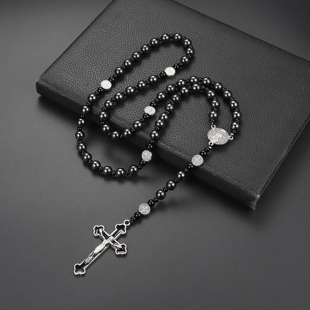 Fashion Classic Black Hematite Round Beads St. Benedict Cross Pendant Necklace for Men and Women