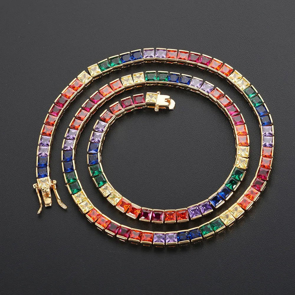 Gold Rainbow Tennis Necklace Iced Out 4MM 18K