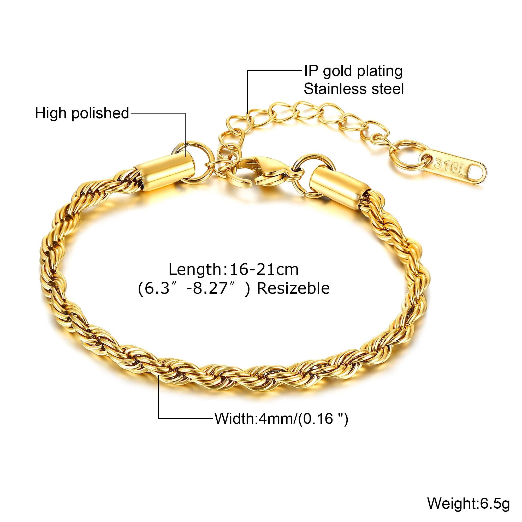 Gold Rope Chain Bracelet 5mm — Stainless Steel
