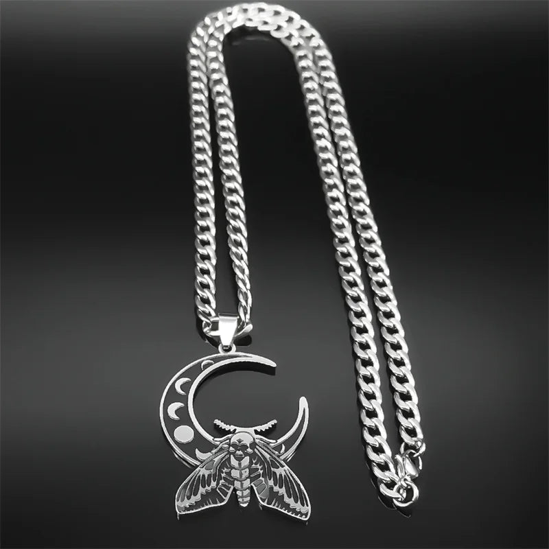 Wicca Moon Moth Pendant — Stainless Steel
