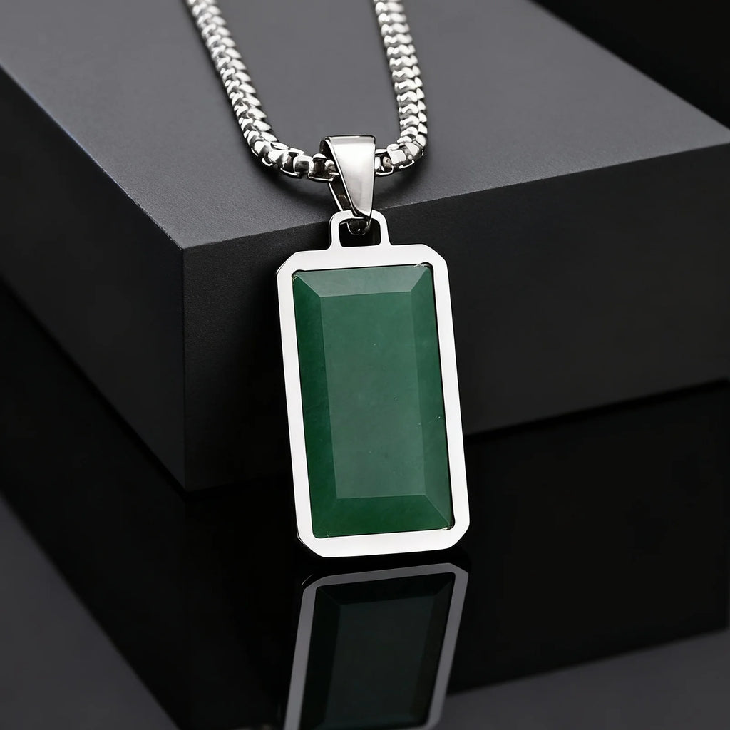 Geometric Square Green Stone Pendant Necklace — 50cm & 60cm Chain