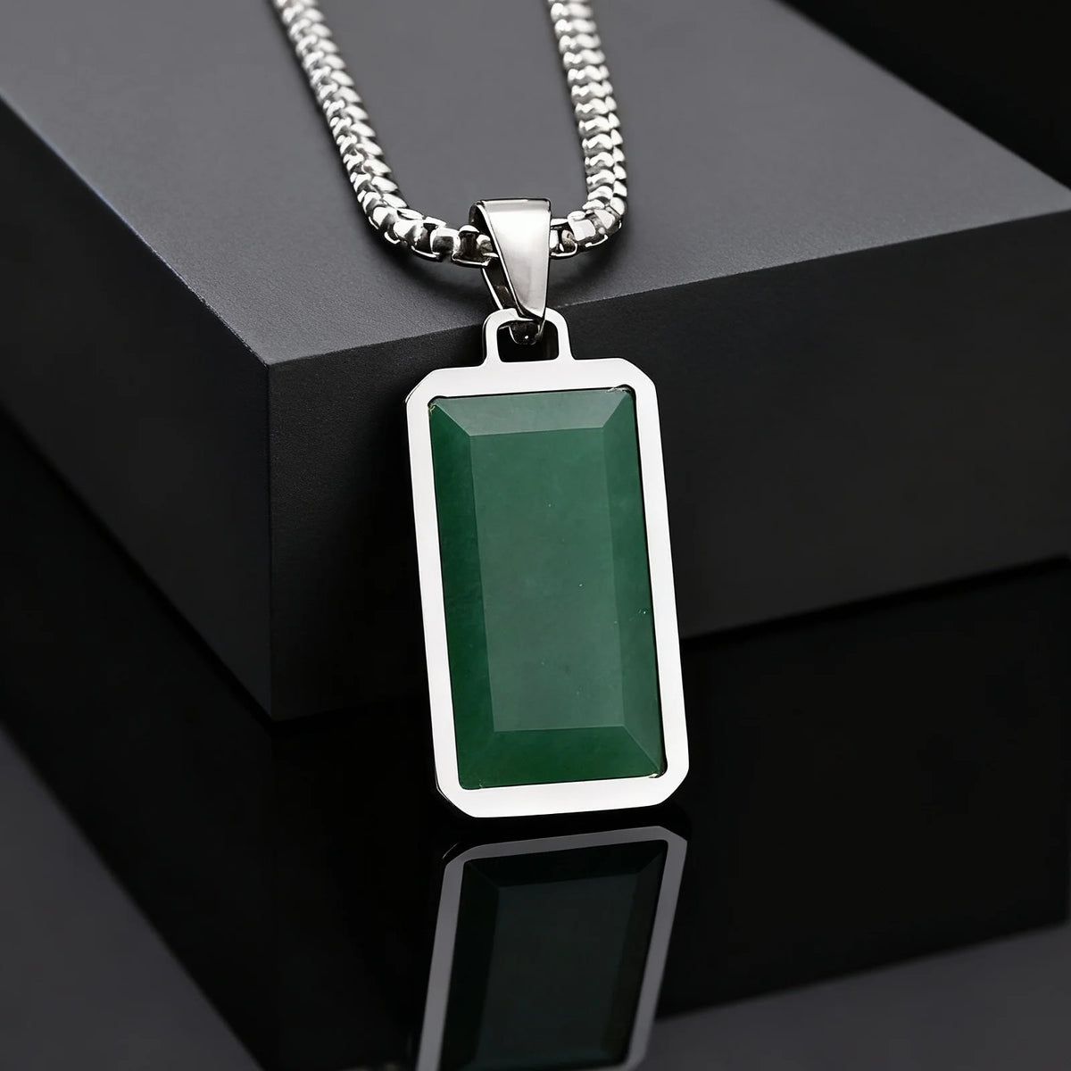 Geometric Square Green Stone Pendant Necklace — 50cm & 60cm Chain