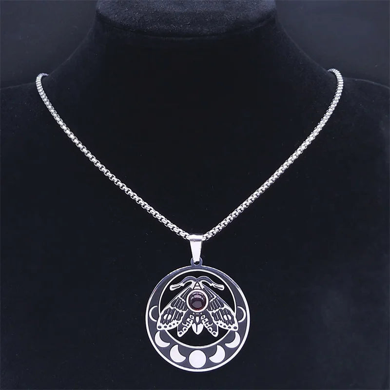 Witch Luna Moth Crescent Necklace for Women Men Stainless Steel Gothic Insect Moon Phase Chain Aesthetic Jewelry colar