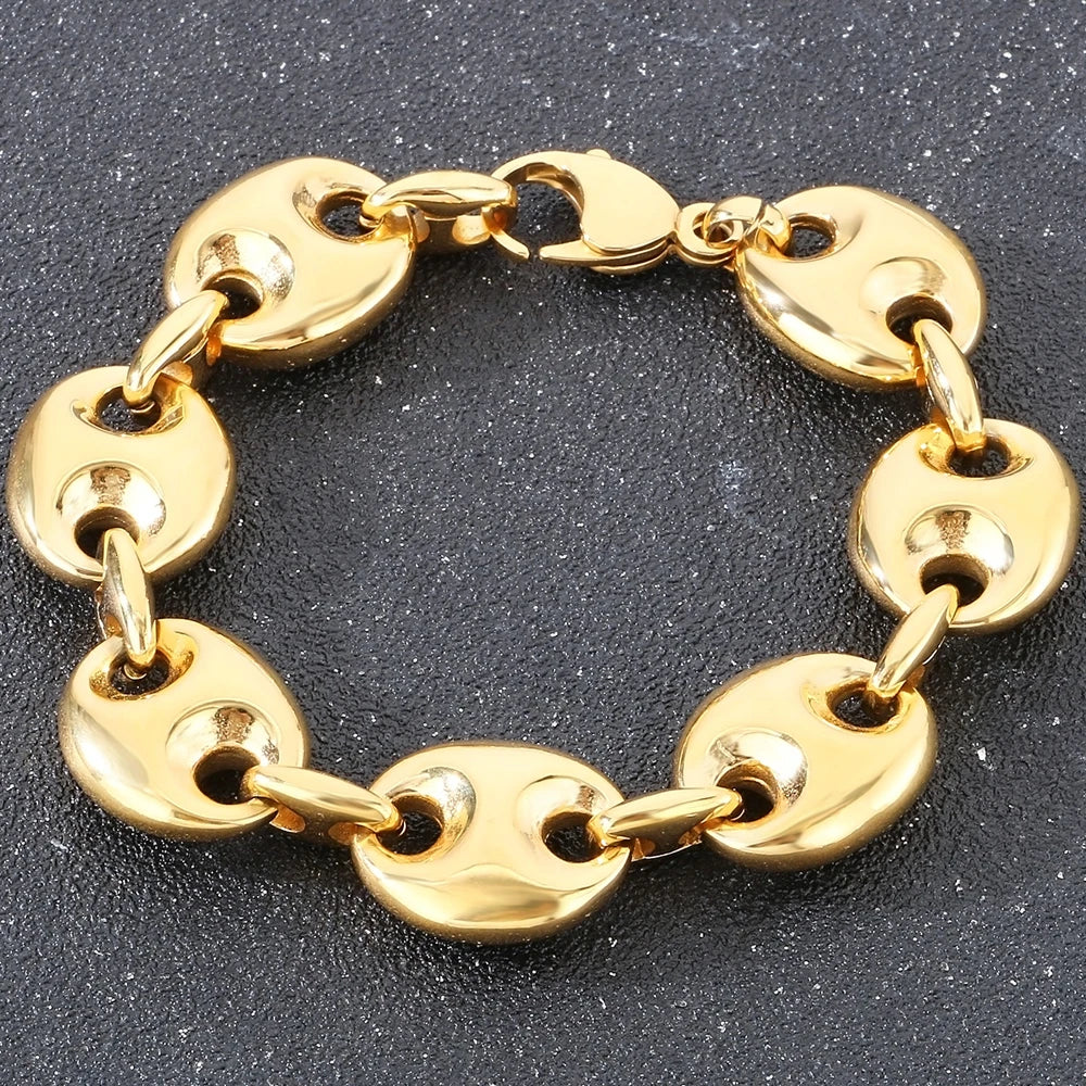 Luxury Gold Color Man Bracelets for Men 316L Stainless Steel 19MM Width Coffee Bean Style Chain Men's Bracelets