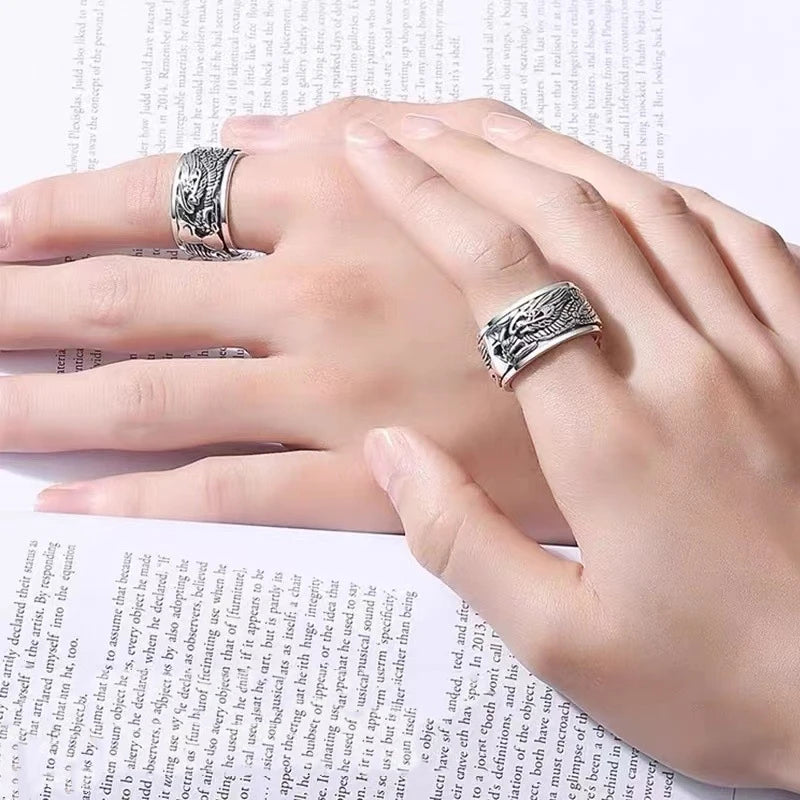 Handmade 12mm Width Real S925 Sterling Silver Lucky Dragon Double Layer Rotatable Closed Dragon Ring For Man Woman Fine