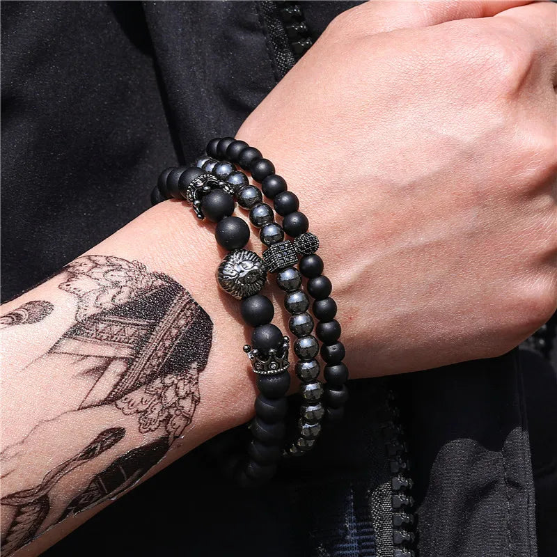 Lion Head Crown Dice Bead Bracelet Set — Black-Tone, 3 Pcs